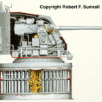 A sectional view of the 5-inch / 38-caliber twin Mk 38 gun mount and its rotating ready service ammunition handling ring below.