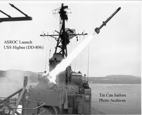 USS HIGBEE (DD-806) launches an ASROC during an anti-submarine warfare exercise.