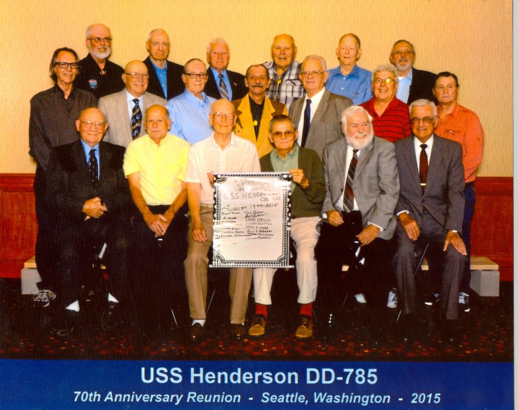 Former crew members and shipmates celebrate the 70th anniversary of the commissioning of the USS Hender (DD-785)